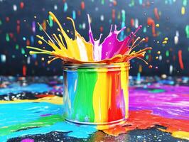 Brightly colored paint splashes erupt from an open can, surrounded by a kaleidoscope of hues on a surface. The atmosphere is lively, showcasing artistic expression and creativity photo