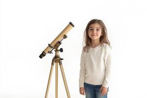 Child enjoying science with a telescope indoors photo