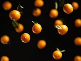 Floating oranges captured against a dark background photo