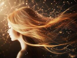 Woman with flowing hair and glowing particles in artistic setting photo