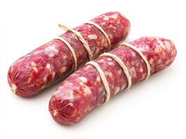 Freshly made sausage links ready for cooking or grilling photo