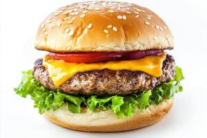 Juicy burger with lettuce, cheese, tomatoes, and onions on sesame bun photo