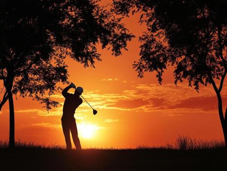 Golfer swings at sunset with silhouettes of trees in the background photo