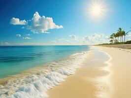 Vibrant beach with clear blue water and palm trees under sunlight photo