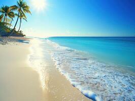 Beautiful beach with palm trees and turquoise water under sunlight photo