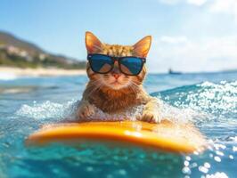 Cat enjoying a sunny day surfing on an orange board in the sea photo