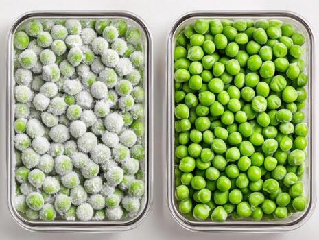 Frozen and fresh green peas displayed in containers for comparison photo