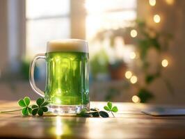 Celebrating St. Patrick's Day with green beer and clovers photo