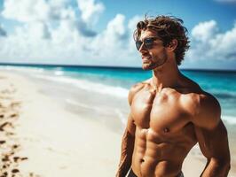 Man enjoys sunny day at the beach with calm waves and clouds photo