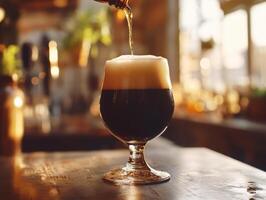 Pouring a dark beer into a glass at a cozy bar photo