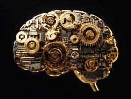 Gold brain model with gears and circuits representing technology photo