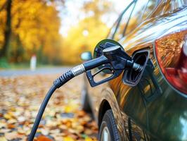Fueling a car during autumn in a colorful setting photo