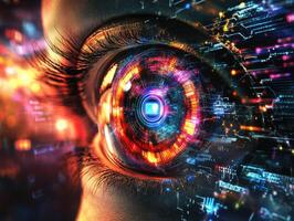 Creative digital eye with glowing technology effects photo