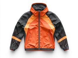 Bright orange windbreaker jacket displayed on a neutral background photo