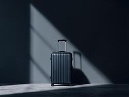 Modern suitcase in a minimalist setting with dramatic shadows photo