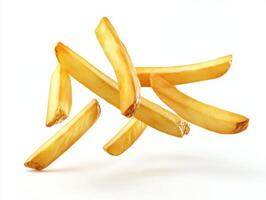 Freshly cooked French fries float against a white background photo