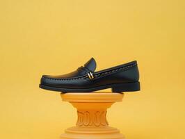 Modern black loafers displayed on a vibrant yellow pedestal photo