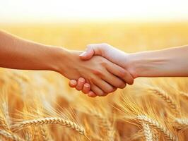 Two hands shake in a golden wheat field at sunset photo