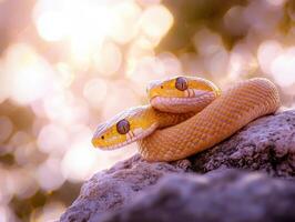 Two golden snakes resting on a rock against a glowing background photo