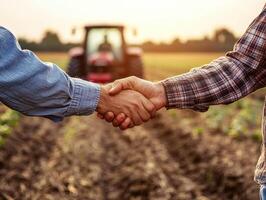 Farmers shaking hands as the sun sets in the field photo
