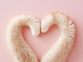 Cat tails form a heart shape on a pink top view photo