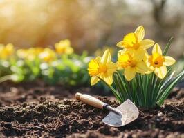Daffodils blooming in spring garden with gardening tool nearby photo