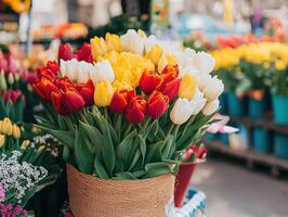 Vibrant tulip bouquet at a colorful spring flower market photo