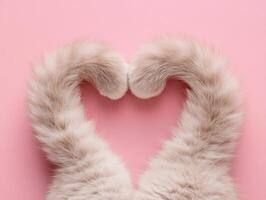 Cat tails create heart shape on pink background in playful moment photo