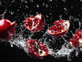Pomegranate seeds burst in splash of water on dark background photo