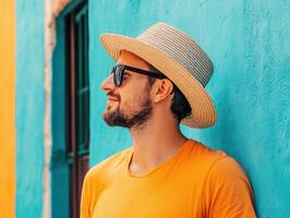 Young man enjoys vibrant wall colors while wearing hat and sunglasses photo