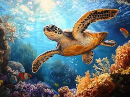 Sea turtle gracefully swimming over vibrant coral reef photo