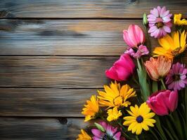 Colorful bouquet of spring flowers arranged on wooden table photo