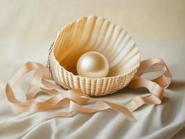 Decorative shell with a pearl resting on soft fabric photo