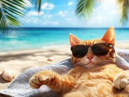 Cat relaxes on a sunny beach with sunglasses on a towel photo