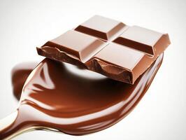 Dark chocolate on a silver spoon with melted chocolate photo