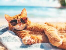 Cat relaxes on beach towel wearing sunglasses near ocean photo