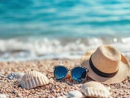 Relaxing beach accessories near gently lapping waves at sunset photo