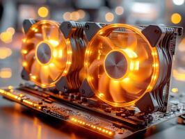 Cooling fans illuminate a motherboard in a tech setup photo