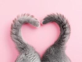 Cat tails form a heart shape top view on a pink background photo