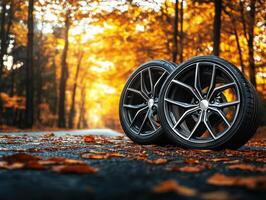 Beautiful autumn scene with car wheels on a forest road photo