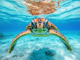 Sea turtle swimming gracefully underwater in clear blue ocean photo