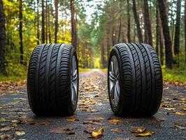 Two car tires placed on a forest road with autumn foliage photo