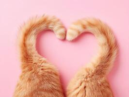 Two cats create a heart shape with their tails on pink background photo