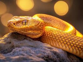 Golden snake resting on rock under warm sunlight in nature photo