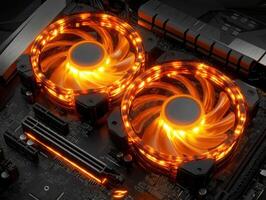 Computer cooling system with glowing fans and advanced hardware photo