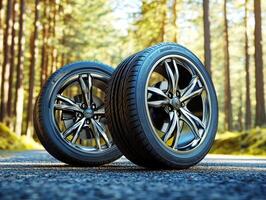 Two high-performance tires with distinctive rims are placed together on a serene forest road. Sunlight streams through the tall trees, highlighting their sleek design and rubber tread photo