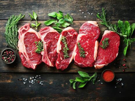 Fresh cuts of beef displayed on a wooden board with herbs photo
