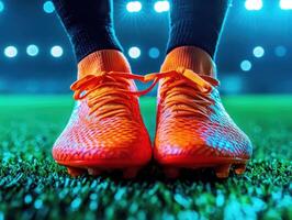 Bright orange cleats stand out on the grass field under stadium lights. The focus captures the excitement of a game, with players nearby ready for action photo