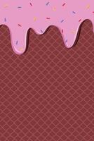 Pink ice cream dripping down a waffle with sprinkles vector