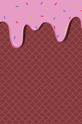 Pink ice cream dripping down a waffle with sprinkles